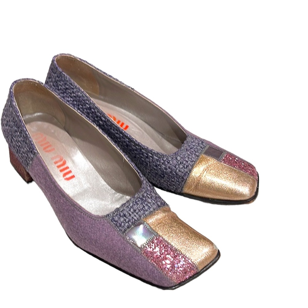 Miu Miu Block Heeled Patchwork Purple Pink Pump Gold SZ 10